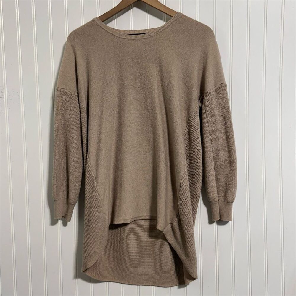 Q2 Collection Mixed Knit Tunic Sweater Dress Taupe High Low Hem Ribbed S/M Clean